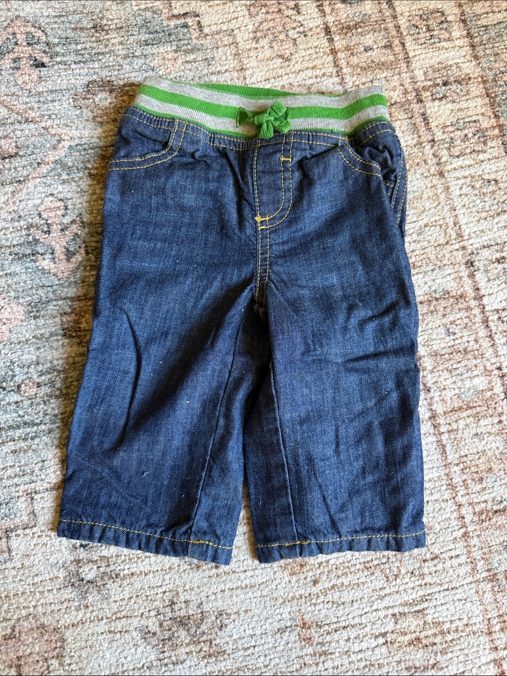 Baby Boden Dark Blue Denim Joggers with Green Stripe Waistband